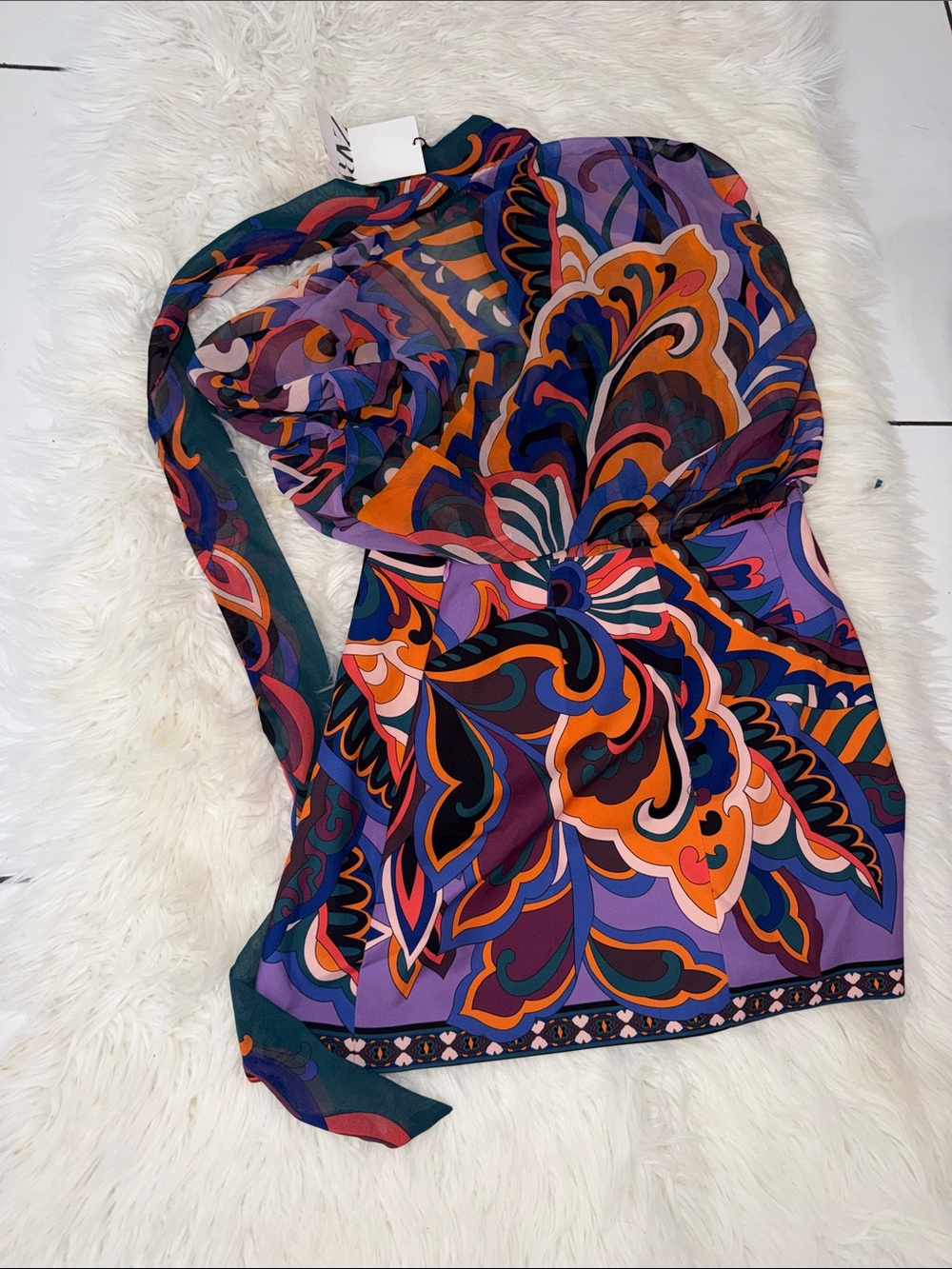 Zara Purple and Orange Midi Dress with Bold Paisley Print